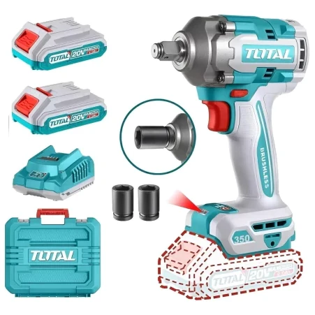 TOTAL  LLAVE DE IMPACTO 20V BL 350NM INDUSTRIAL  (MALETIN, CARGADOR, Y DOS BATERIAS 2AH)